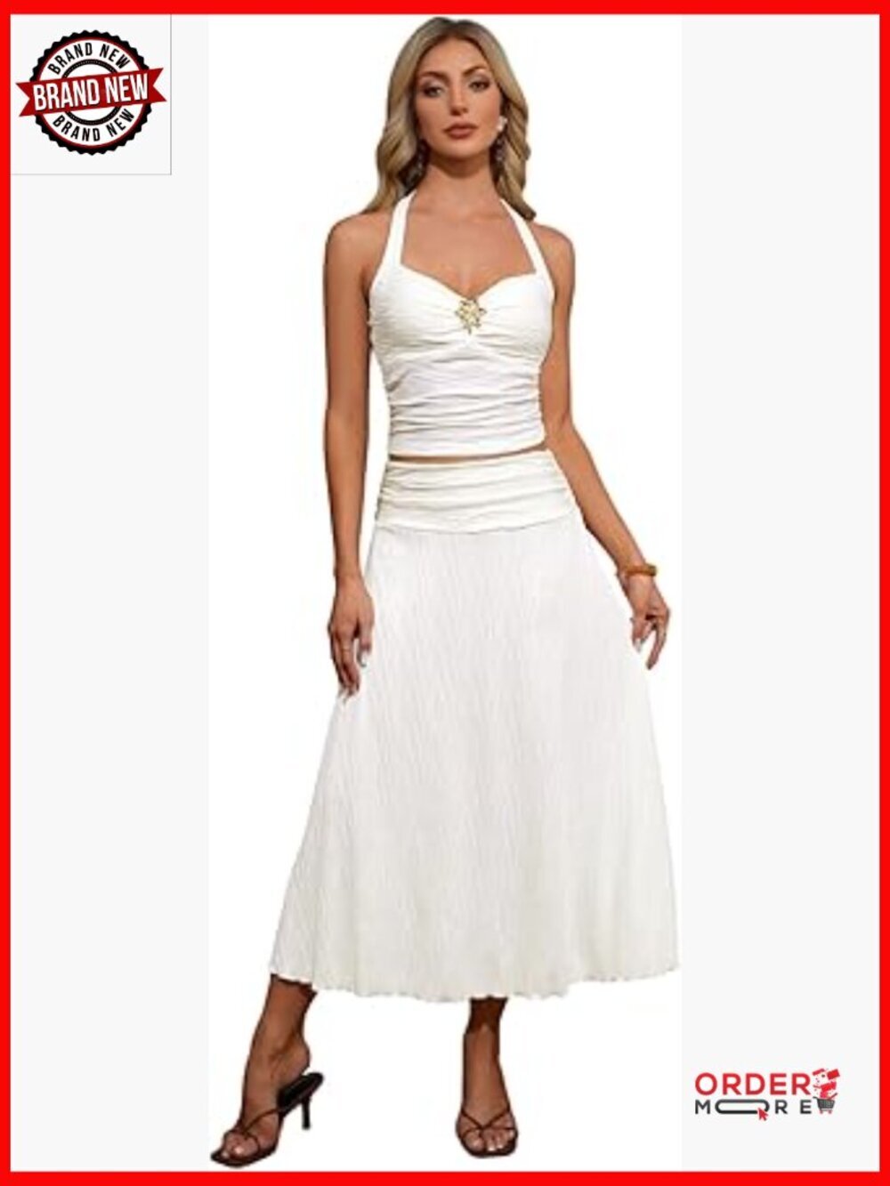 2 Piece Outfit Set - Halter Crop Top & Ruched A-Line Maxi Skirt